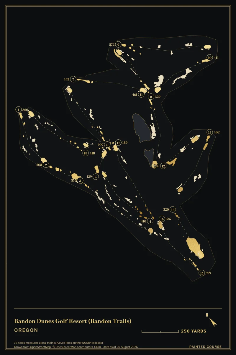 Bandon Dunes Golf Resort (Bandon Trails), Oregon, USA, drawn in the Gilt style from its OpenStreetMap survey: 18 holes, each numbered at its tee with its measured yards beside it.