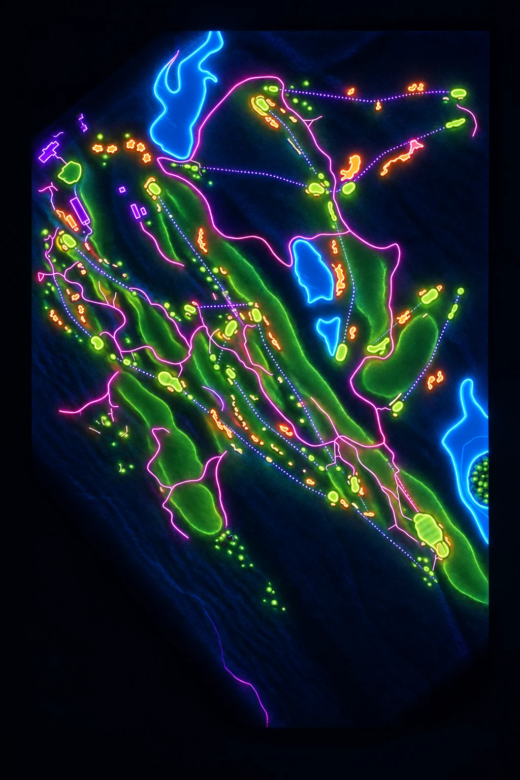 Bandon Dunes Golf Resort (Bandon Trails), Oregon, USA, seen from above and painted in the Neon manner: the routing of its 18 holes, its greens and its bunkers, in paint.