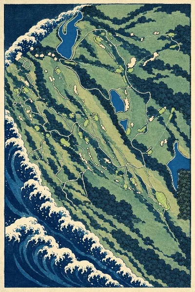 Bandon Dunes Golf Resort (Bandon Trails), Oregon, USA, drawn in the Gilt style from its OpenStreetMap survey: 18 holes, each numbered at its tee with its measured yards beside it.