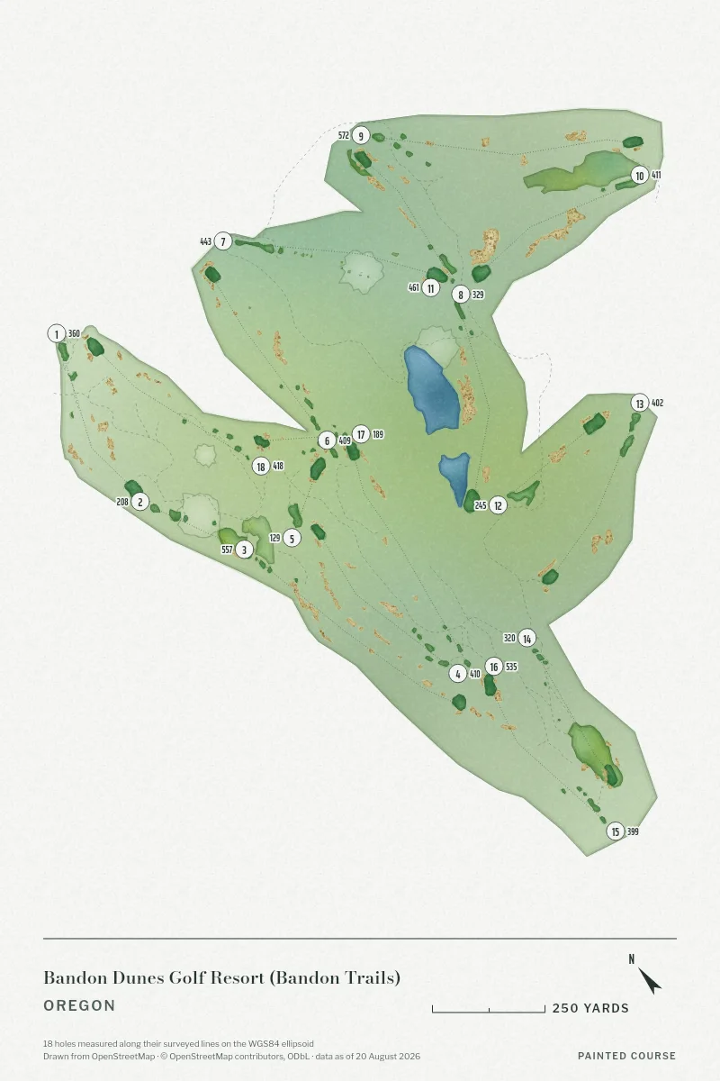 Bandon Dunes Golf Resort (Bandon Trails), Oregon, USA, drawn in the Watercolour style from its OpenStreetMap survey: 18 holes, each numbered at its tee with its measured yards beside it.
