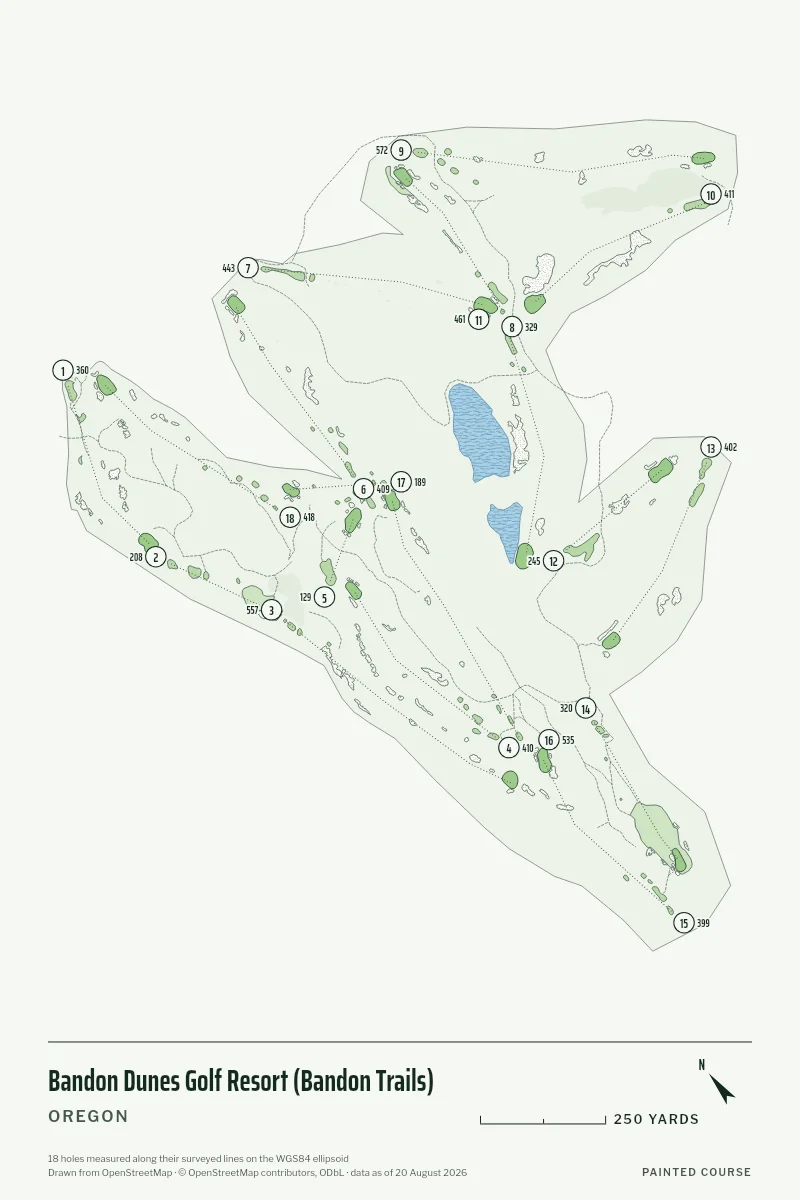 Bandon Dunes Golf Resort (Bandon Trails), Oregon, USA, drawn in the Yardage style from its OpenStreetMap survey: 18 holes, each numbered at its tee with its measured yards beside it.