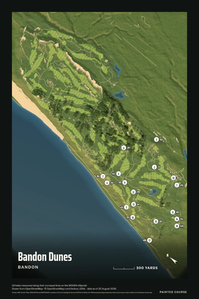 Bandon Dunes, Bandon, Oregon, USA, drawn in the Aerial style from its OpenStreetMap survey: 18 holes, each numbered at its tee with its measured yards beside it.