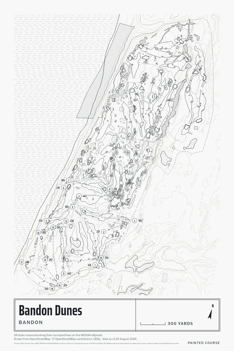 Bandon Dunes, Bandon, Oregon, USA, drawn in the Architect style from its OpenStreetMap survey: 18 holes, each numbered at its tee with its measured yards beside it.