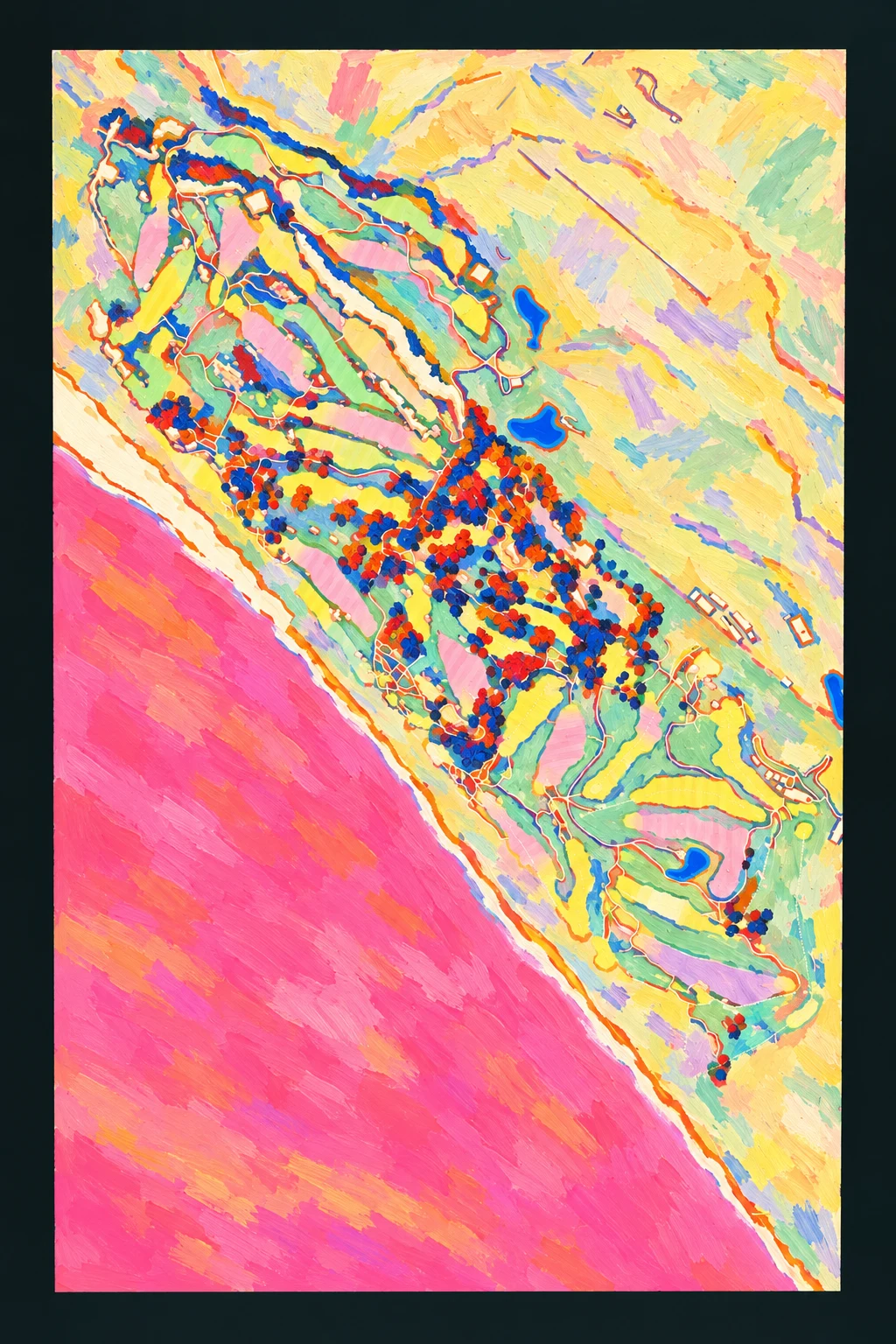 Bandon Dunes, Bandon, Oregon, USA, seen from above and painted in the Fauve manner after the Fauves of 1905: the routing of its 18 holes, its greens and its bunkers, in paint.