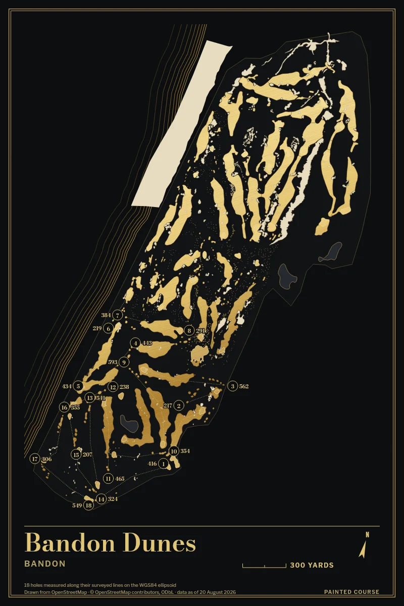 Bandon Dunes, Bandon, Oregon, USA, drawn in the Gilt style from its OpenStreetMap survey: 18 holes, each numbered at its tee with its measured yards beside it.