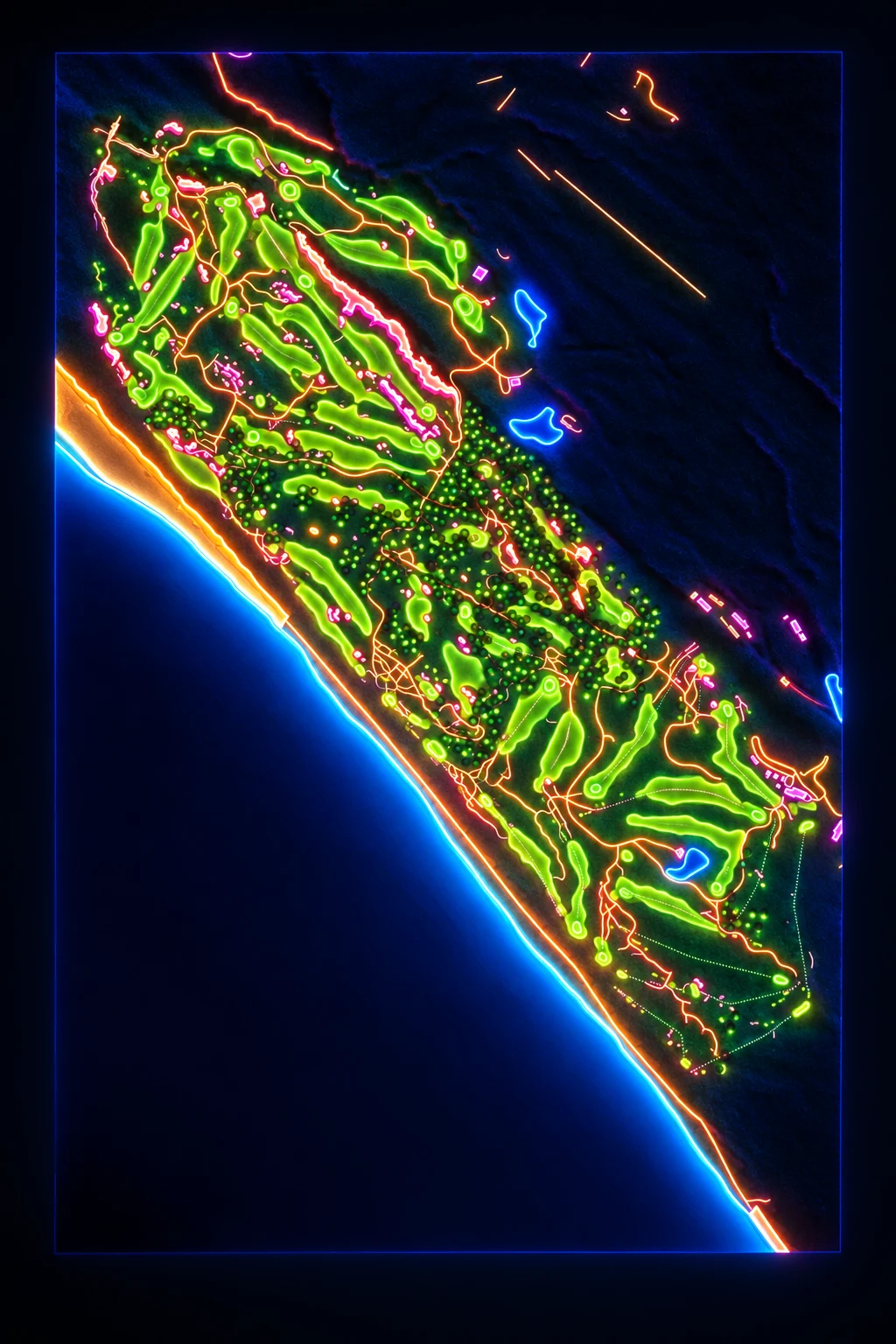 Bandon Dunes, Bandon, Oregon, USA, seen from above and painted in the Neon manner: the routing of its 18 holes, its greens and its bunkers, in paint.