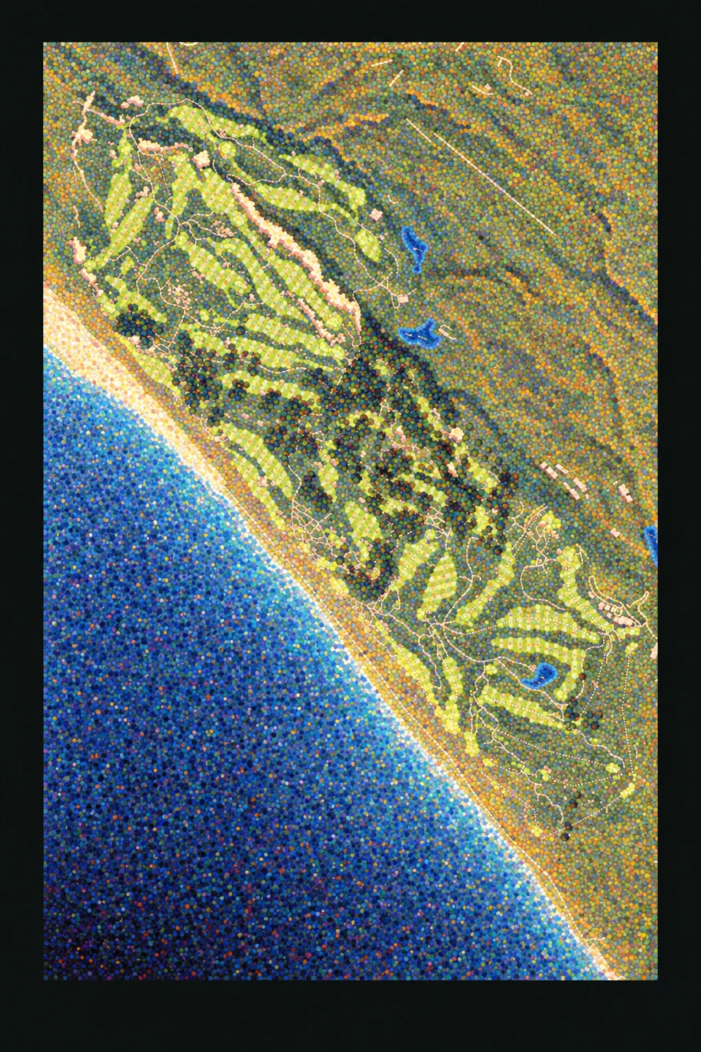 Bandon Dunes, Bandon, Oregon, USA, seen from above and painted in the Pointillist manner after Georges Seurat: the routing of its 18 holes, its greens and its bunkers, in paint.