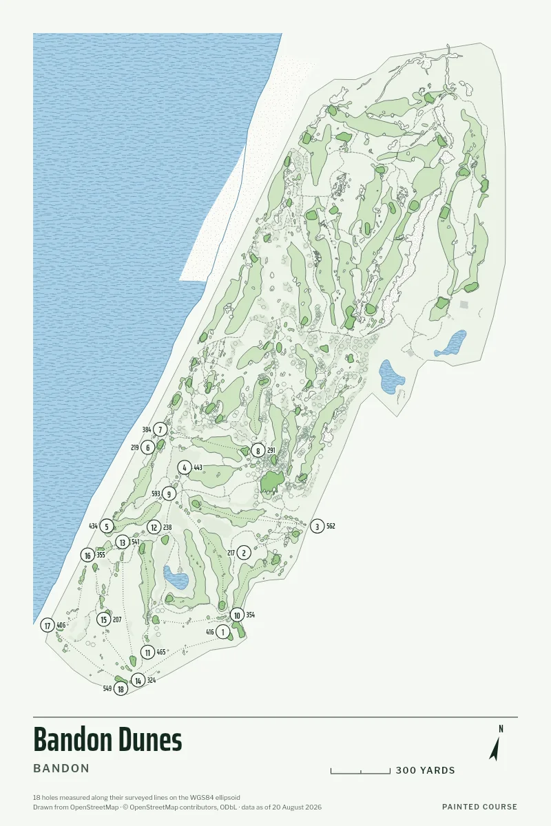 Bandon Dunes, Bandon, Oregon, USA, drawn in the Yardage style from its OpenStreetMap survey: 18 holes, each numbered at its tee with its measured yards beside it.