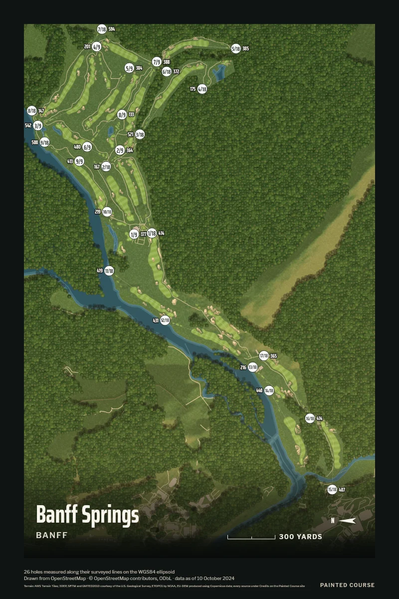 Banff Springs, Banff, Alberta, Canada, drawn in the Aerial style from its OpenStreetMap survey: 26 holes, each numbered at its tee with its measured yards beside it.