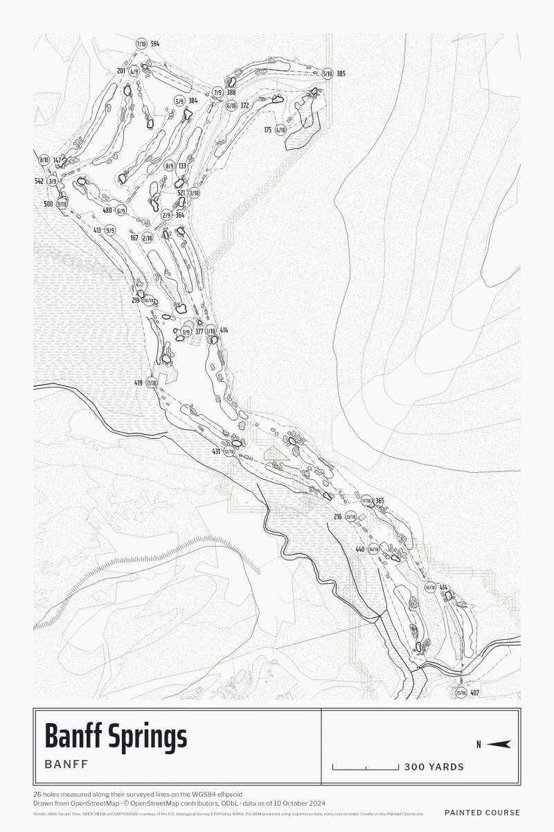 Banff Springs, Banff, Alberta, Canada, drawn in the Architect style from its OpenStreetMap survey: 26 holes, each numbered at its tee with its measured yards beside it.