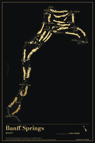 Banff Springs, Banff, Alberta, Canada, drawn in the Gilt style from its OpenStreetMap survey: 26 holes, each numbered at its tee with its measured yards beside it.