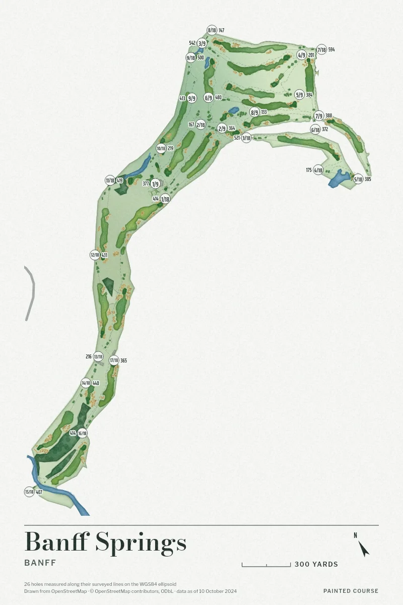 Banff Springs, Banff, Alberta, Canada, drawn in the Watercolour style from its OpenStreetMap survey: 26 holes, each numbered at its tee with its measured yards beside it.