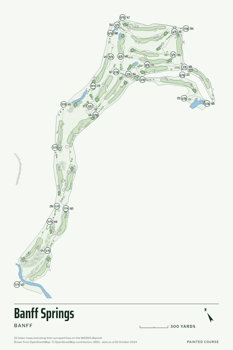 Banff Springs, Banff, Alberta, Canada, drawn in the Yardage style from its OpenStreetMap survey: 26 holes, each numbered at its tee with its measured yards beside it.