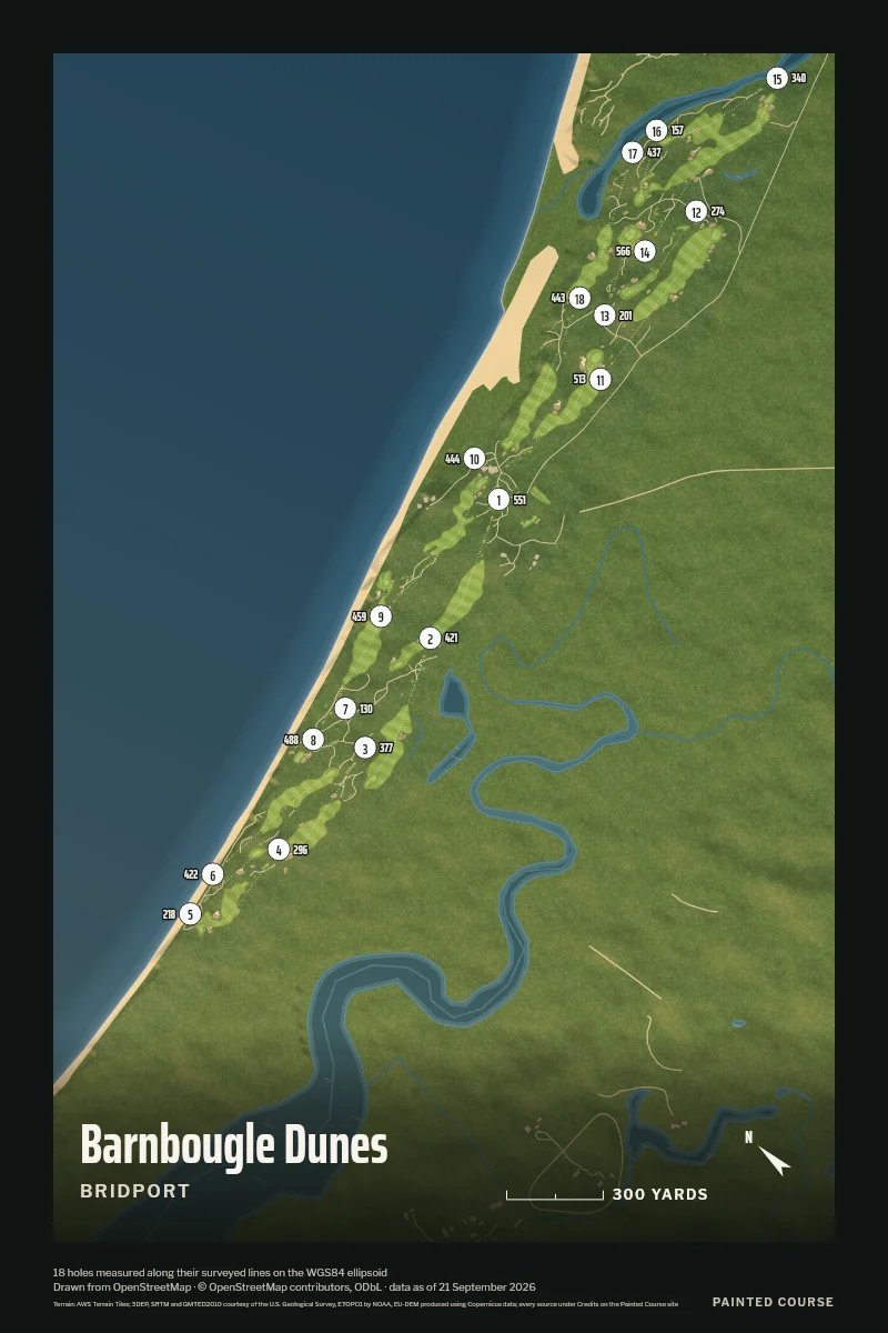 Barnbougle Dunes, Bridport, Tasmania, Australia, drawn in the Aerial style from its OpenStreetMap survey: 18 holes, each numbered at its tee with its measured yards beside it.