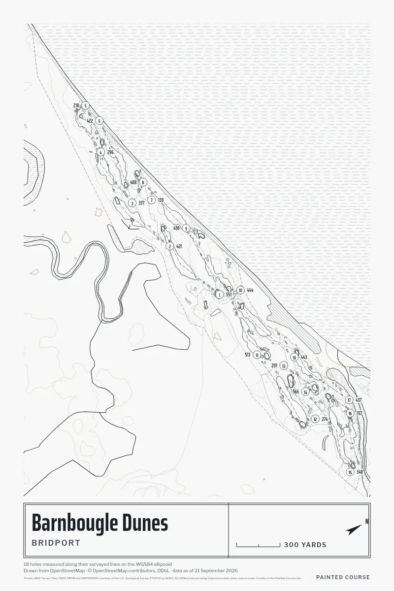 Barnbougle Dunes, Bridport, Tasmania, Australia, drawn in the Architect style from its OpenStreetMap survey: 18 holes, each numbered at its tee with its measured yards beside it.