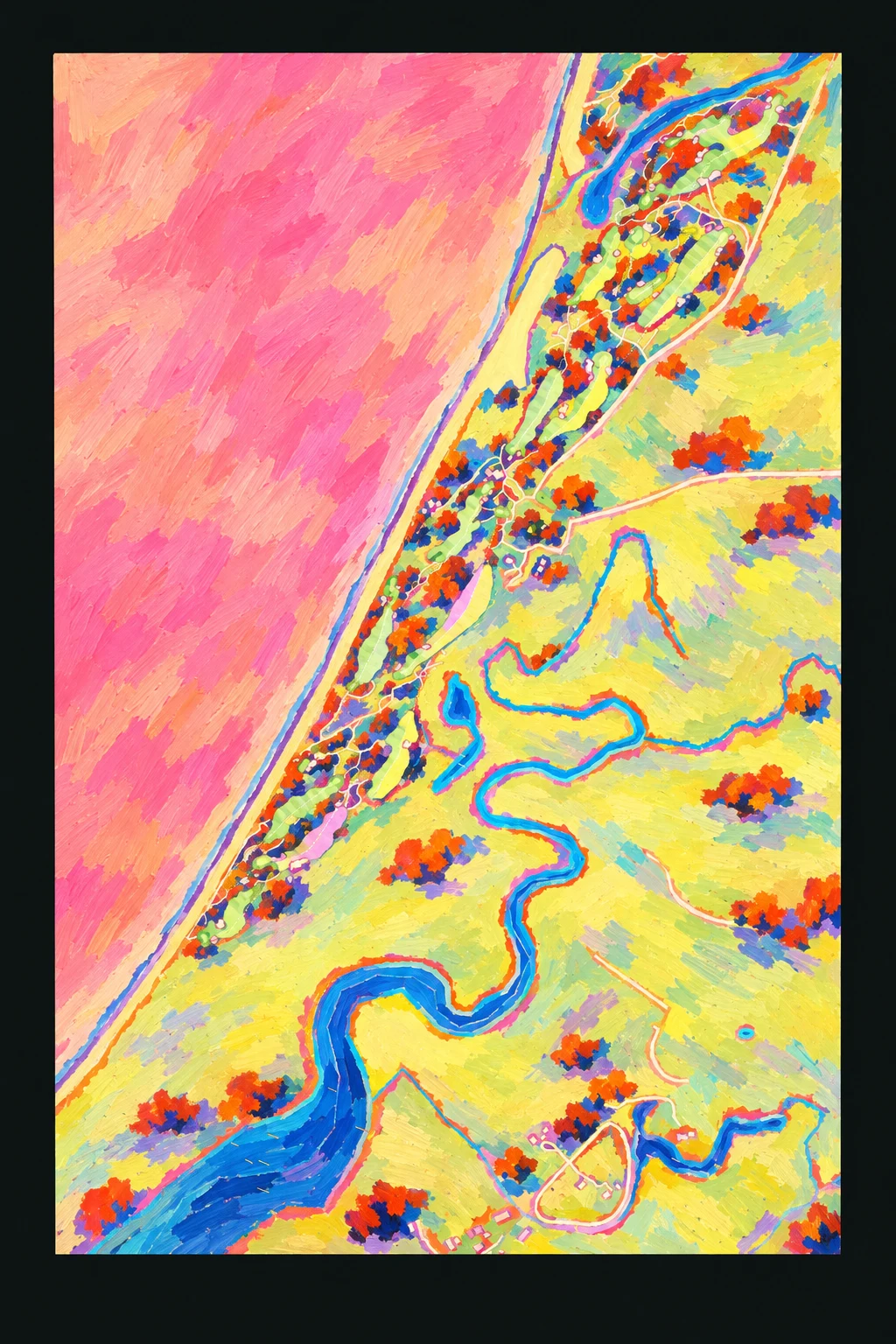 Barnbougle Dunes, Bridport, Tasmania, Australia, seen from above and painted in the Fauve manner after the Fauves of 1905: the routing of its 18 holes, its greens and its bunkers, in paint.