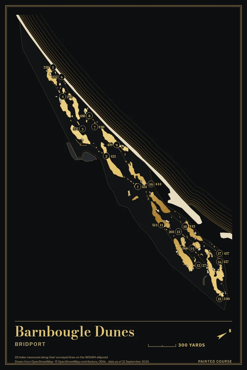 Barnbougle Dunes, Bridport, Tasmania, Australia, drawn in the Gilt style from its OpenStreetMap survey: 18 holes, each numbered at its tee with its measured yards beside it.