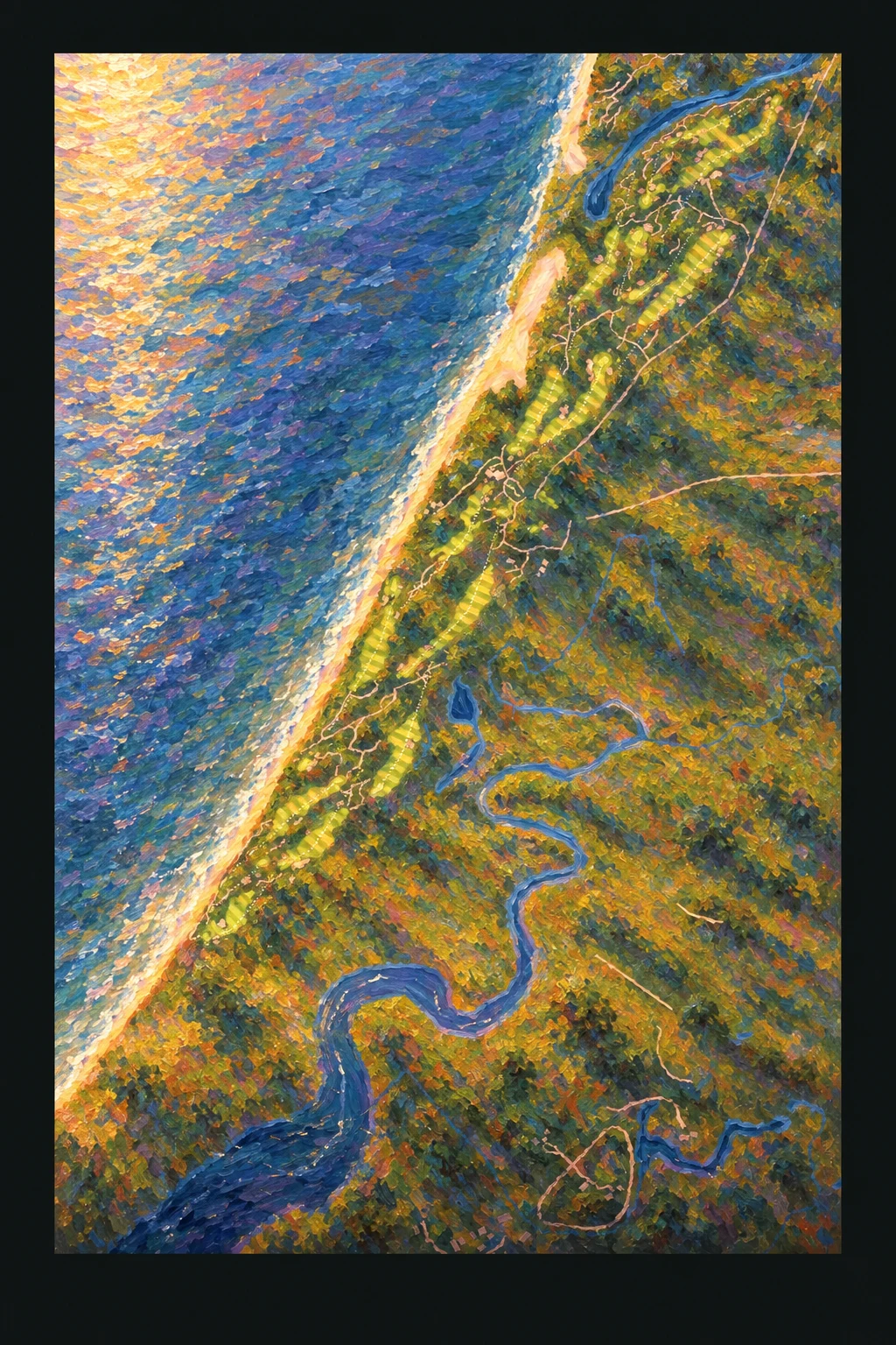Barnbougle Dunes, Bridport, Tasmania, Australia, seen from above and painted in the Impressionist manner after Claude Monet: the routing of its 18 holes, its greens and its bunkers, in paint.