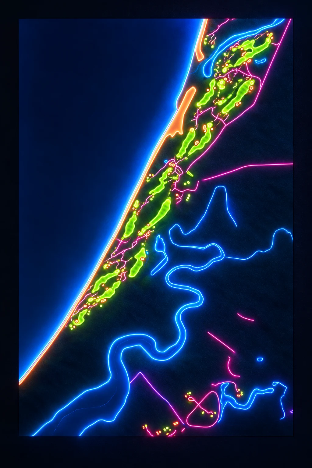 Barnbougle Dunes, Bridport, Tasmania, Australia, seen from above and painted in the Neon manner: the routing of its 18 holes, its greens and its bunkers, in paint.