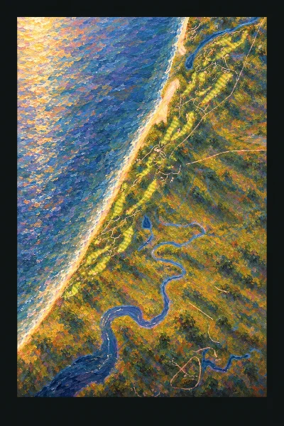 Barnbougle Dunes, Bridport, Tasmania, Australia, drawn in the Gilt style from its OpenStreetMap survey: 18 holes, each numbered at its tee with its measured yards beside it.