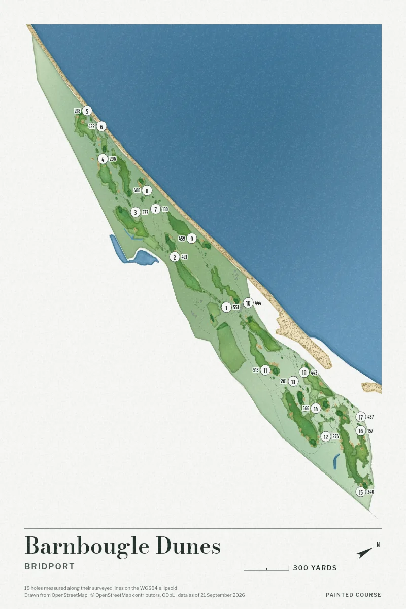 Barnbougle Dunes, Bridport, Tasmania, Australia, drawn in the Watercolour style from its OpenStreetMap survey: 18 holes, each numbered at its tee with its measured yards beside it.