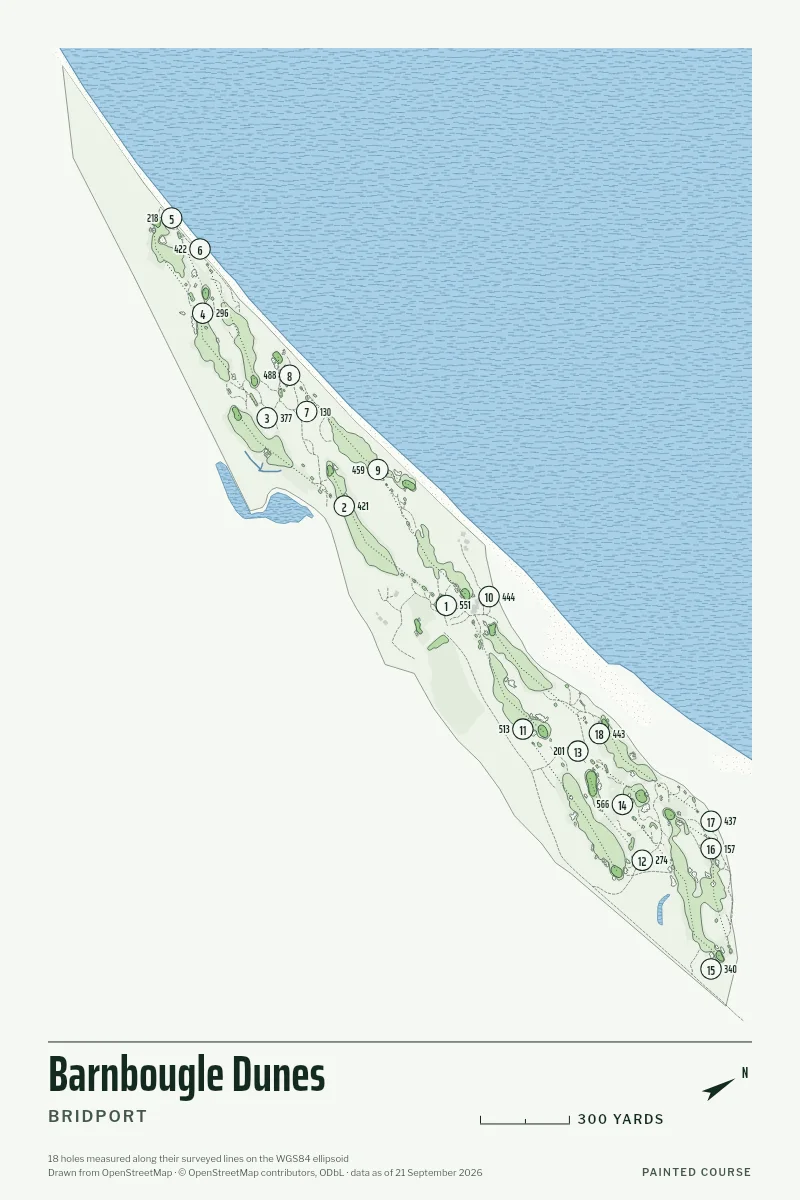 Barnbougle Dunes, Bridport, Tasmania, Australia, drawn in the Yardage style from its OpenStreetMap survey: 18 holes, each numbered at its tee with its measured yards beside it.