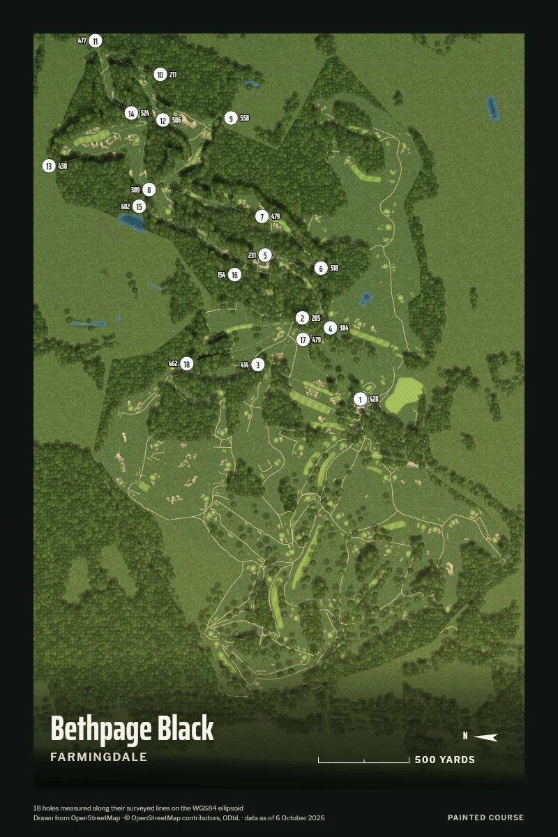 Bethpage Black, Farmingdale, New York, USA, drawn in the Aerial style from its OpenStreetMap survey: 18 holes, each numbered at its tee with its measured yards beside it.
