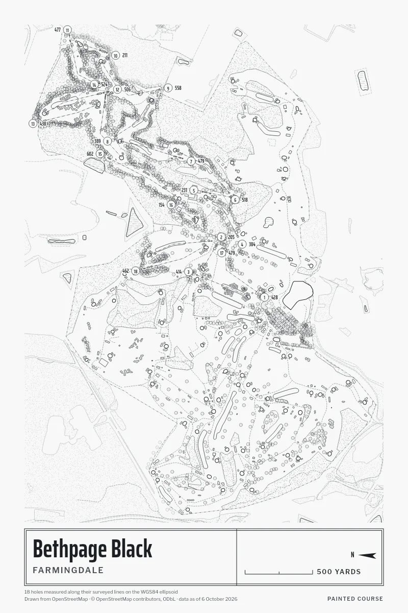 Bethpage Black, Farmingdale, New York, USA, drawn in the Architect style from its OpenStreetMap survey: 18 holes, each numbered at its tee with its measured yards beside it.