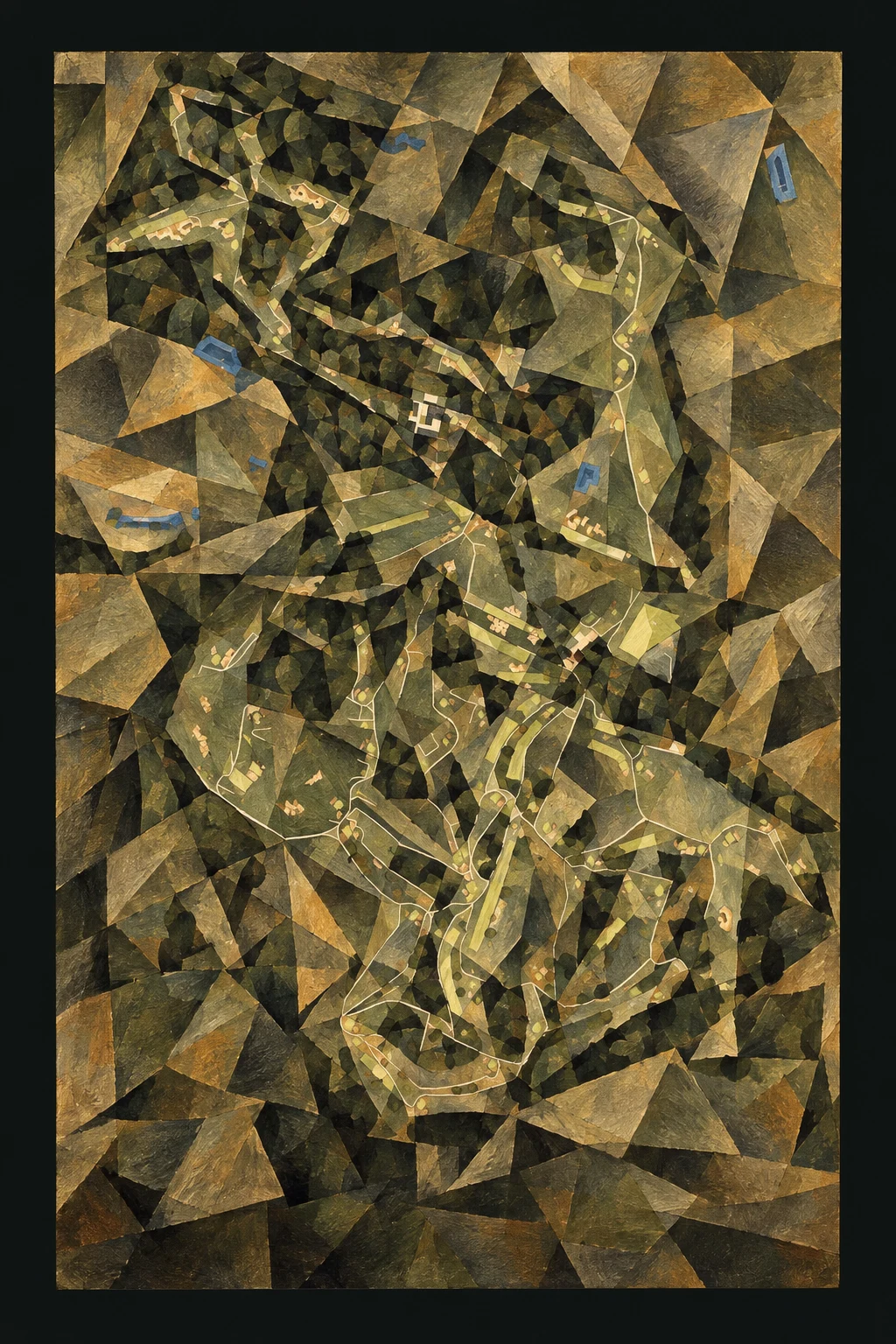 Bethpage Black, Farmingdale, New York, USA, seen from above and painted in the Cubist manner after Picasso and Braque: the routing of its 18 holes, its greens and its bunkers, in paint.