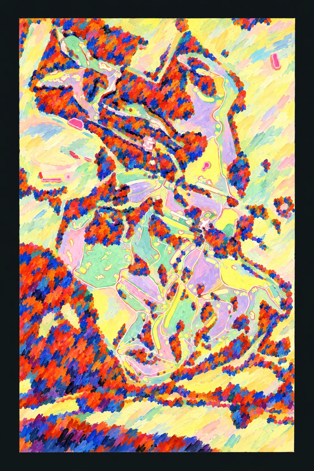 Bethpage Black, Farmingdale, New York, USA, seen from above and painted in the Fauve manner after the Fauves of 1905: the routing of its 18 holes, its greens and its bunkers, in paint.