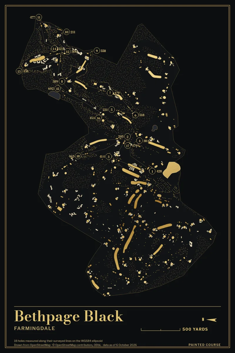 Bethpage Black, Farmingdale, New York, USA, drawn in the Gilt style from its OpenStreetMap survey: 18 holes, each numbered at its tee with its measured yards beside it.