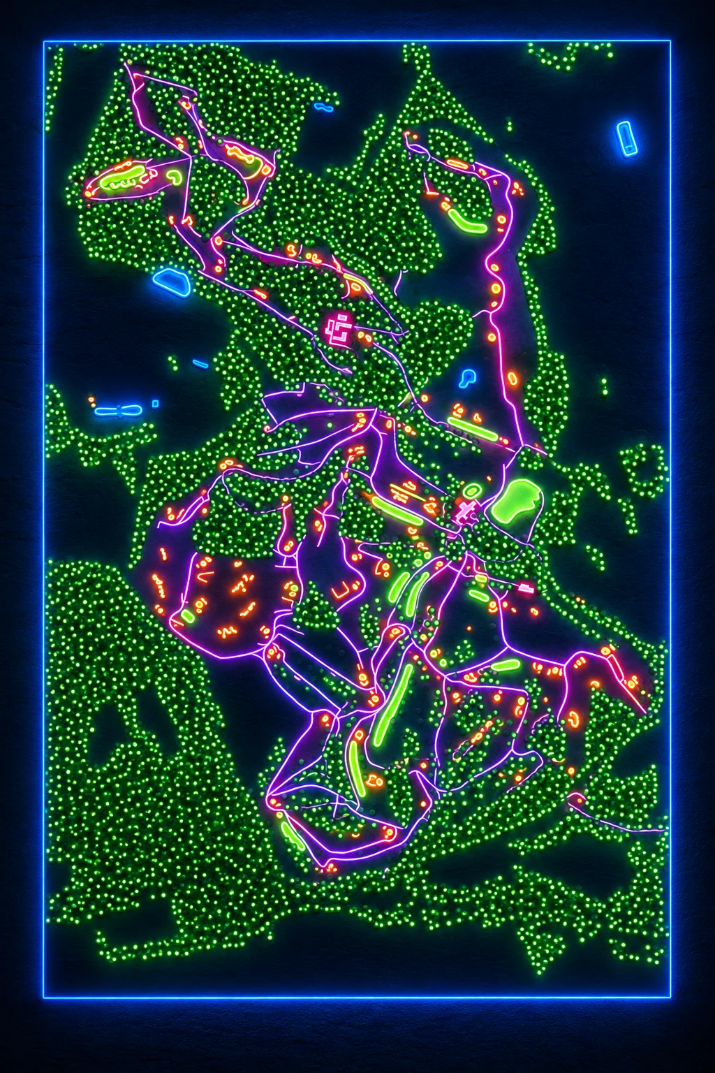 Bethpage Black, Farmingdale, New York, USA, seen from above and painted in the Neon manner: the routing of its 18 holes, its greens and its bunkers, in paint.