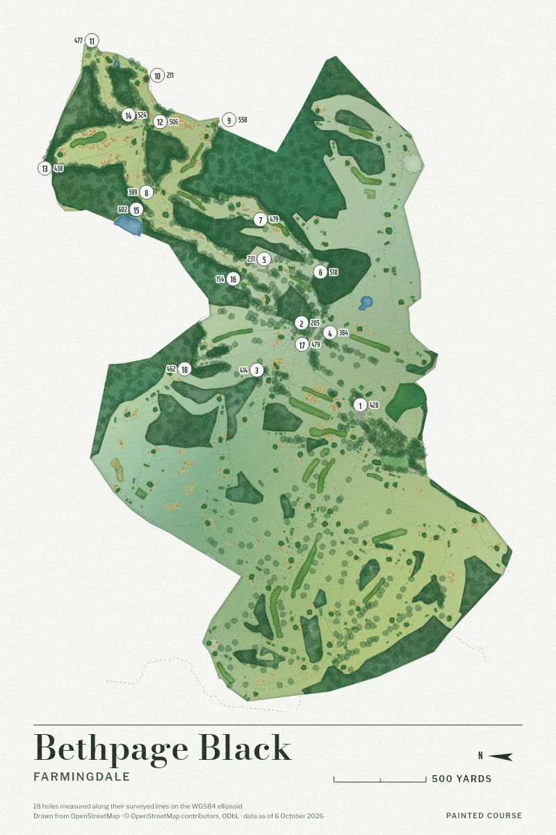 Bethpage Black, Farmingdale, New York, USA, drawn in the Watercolour style from its OpenStreetMap survey: 18 holes, each numbered at its tee with its measured yards beside it.