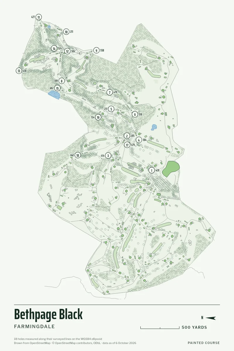 Bethpage Black, Farmingdale, New York, USA, drawn in the Yardage style from its OpenStreetMap survey: 18 holes, each numbered at its tee with its measured yards beside it.