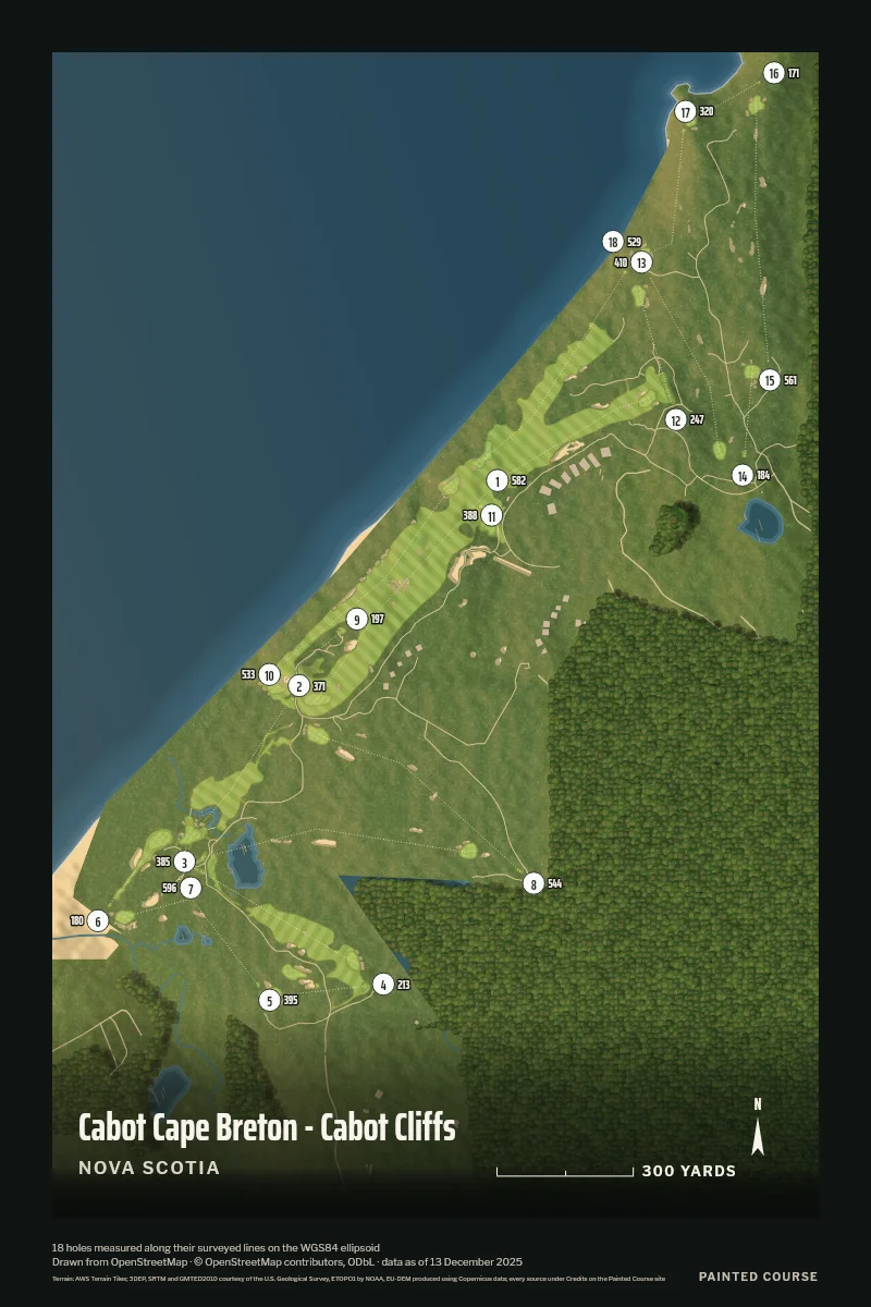 Cabot Cape Breton - Cabot Cliffs, Nova Scotia, Canada, drawn in the Aerial style from its OpenStreetMap survey: 18 holes, each numbered at its tee with its measured yards beside it.