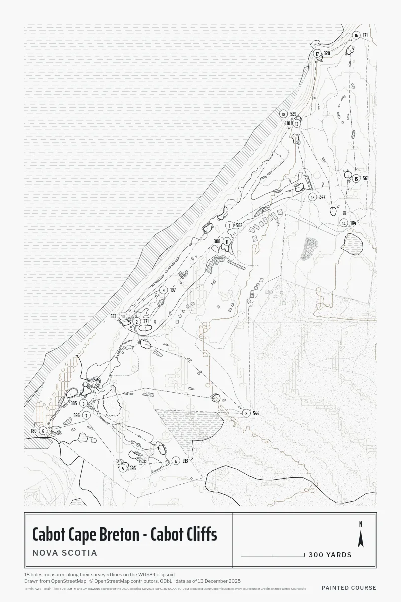 Cabot Cape Breton - Cabot Cliffs, Nova Scotia, Canada, drawn in the Architect style from its OpenStreetMap survey: 18 holes, each numbered at its tee with its measured yards beside it.