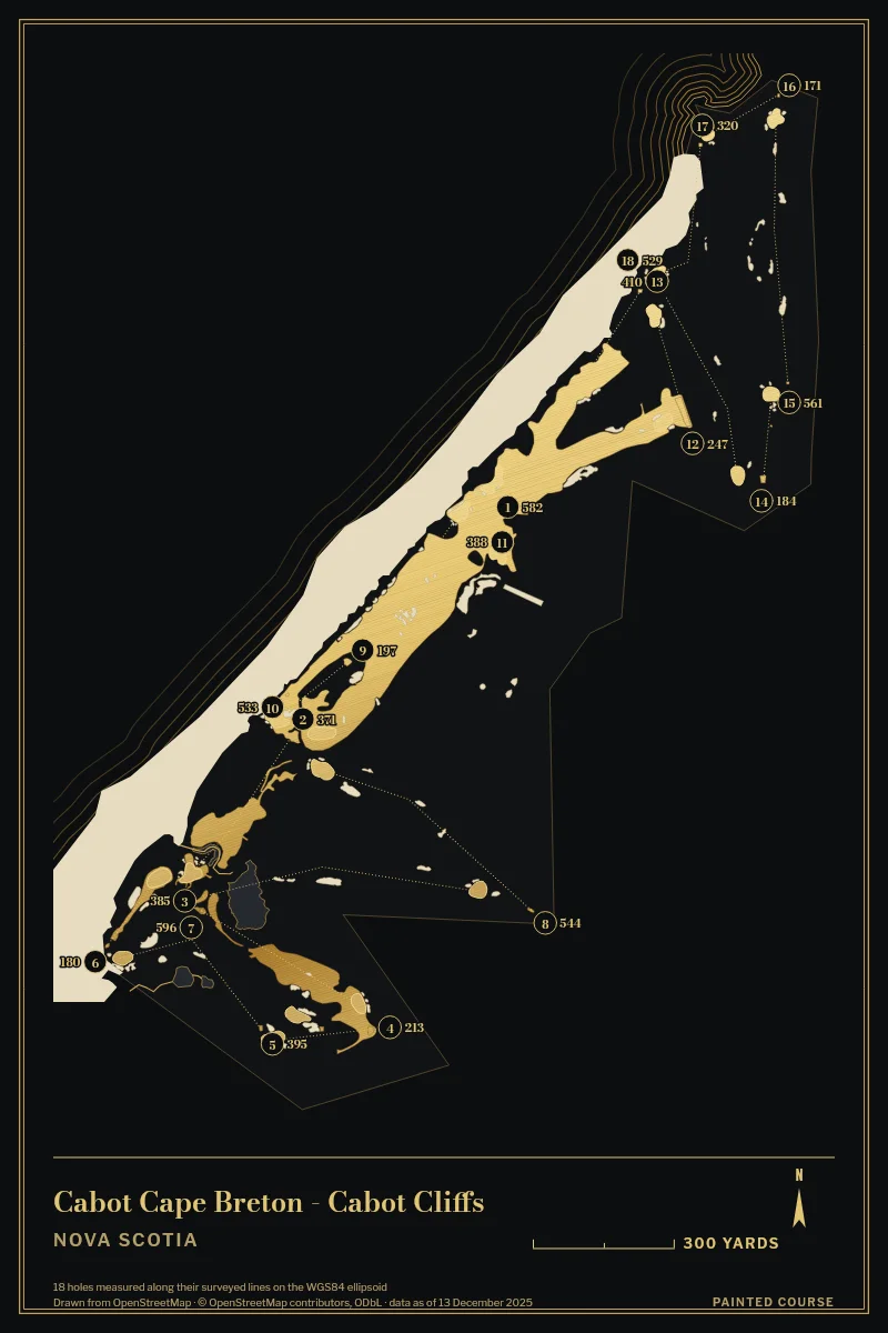 Cabot Cape Breton - Cabot Cliffs, Nova Scotia, Canada, drawn in the Gilt style from its OpenStreetMap survey: 18 holes, each numbered at its tee with its measured yards beside it.