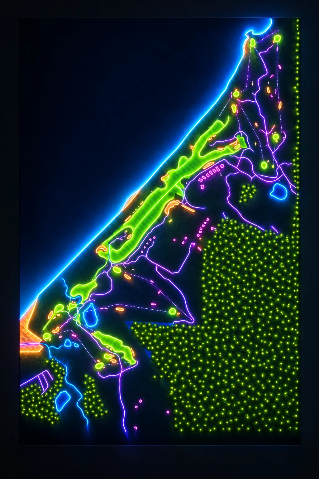 Cabot Cape Breton - Cabot Cliffs, Nova Scotia, Canada, seen from above and painted in the Neon manner: the routing of its 18 holes, its greens and its bunkers, in paint.