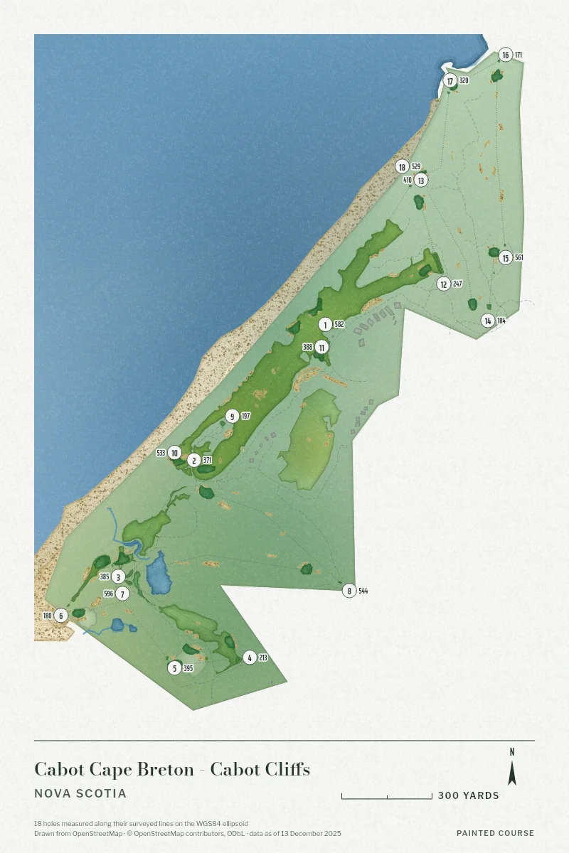 Cabot Cape Breton - Cabot Cliffs, Nova Scotia, Canada, drawn in the Watercolour style from its OpenStreetMap survey: 18 holes, each numbered at its tee with its measured yards beside it.