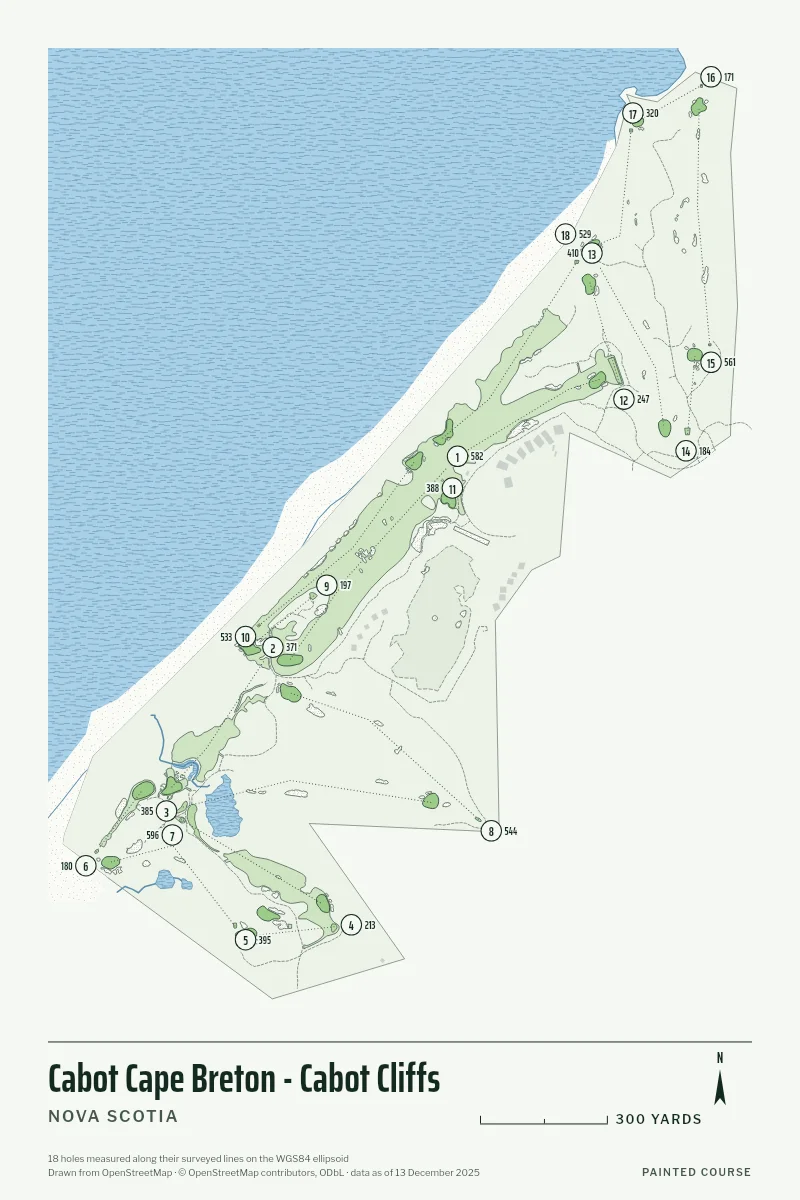 Cabot Cape Breton - Cabot Cliffs, Nova Scotia, Canada, drawn in the Yardage style from its OpenStreetMap survey: 18 holes, each numbered at its tee with its measured yards beside it.
