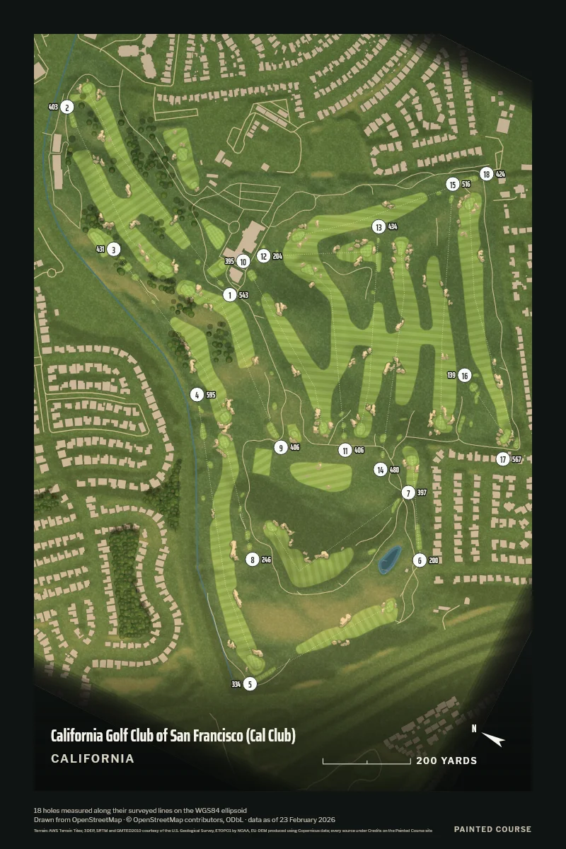 California Golf Club of San Francisco (Cal Club), California, USA, drawn in the Aerial style from its OpenStreetMap survey: 18 holes, each numbered at its tee with its measured yards beside it.