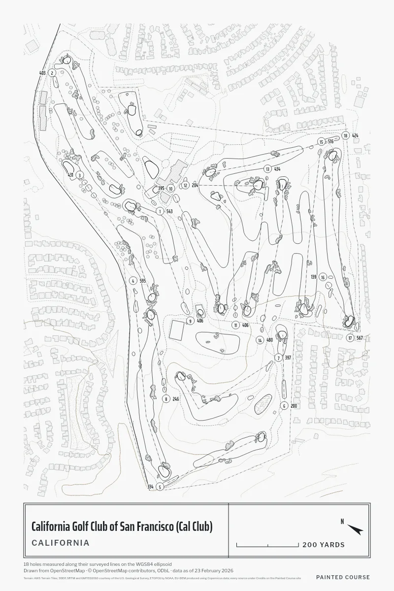 California Golf Club of San Francisco (Cal Club), California, USA, drawn in the Architect style from its OpenStreetMap survey: 18 holes, each numbered at its tee with its measured yards beside it.