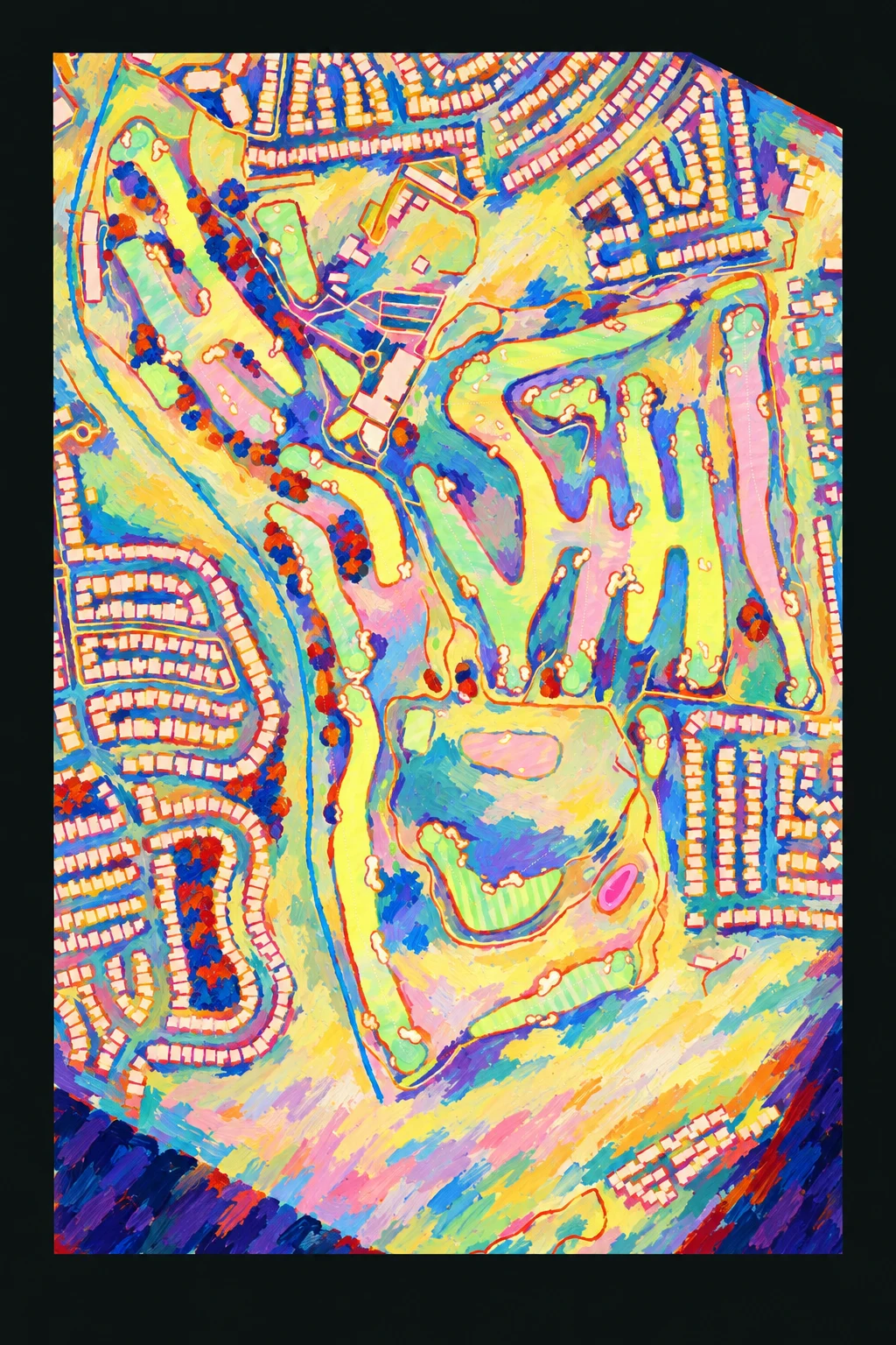 California Golf Club of San Francisco (Cal Club), California, USA, seen from above and painted in the Fauve manner after the Fauves of 1905: the routing of its 18 holes, its greens and its bunkers, in paint.