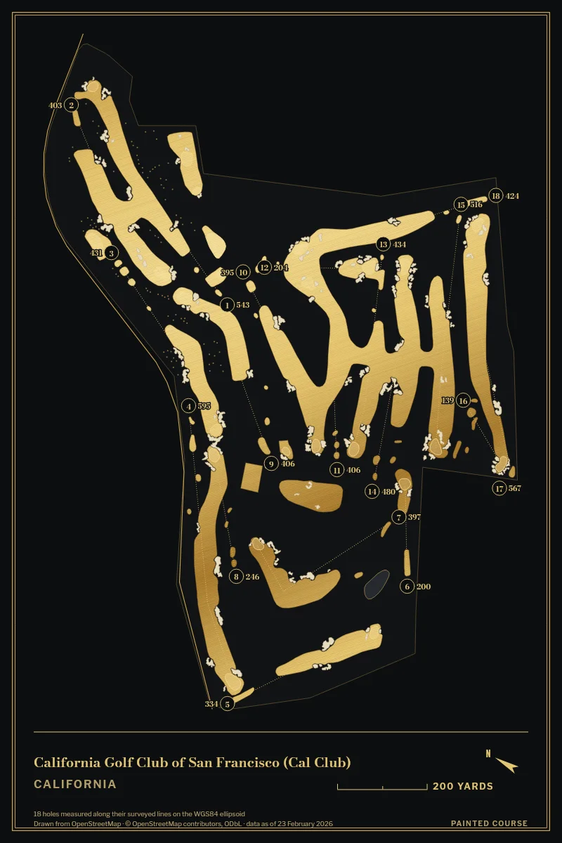 California Golf Club of San Francisco (Cal Club), California, USA, drawn in the Gilt style from its OpenStreetMap survey: 18 holes, each numbered at its tee with its measured yards beside it.