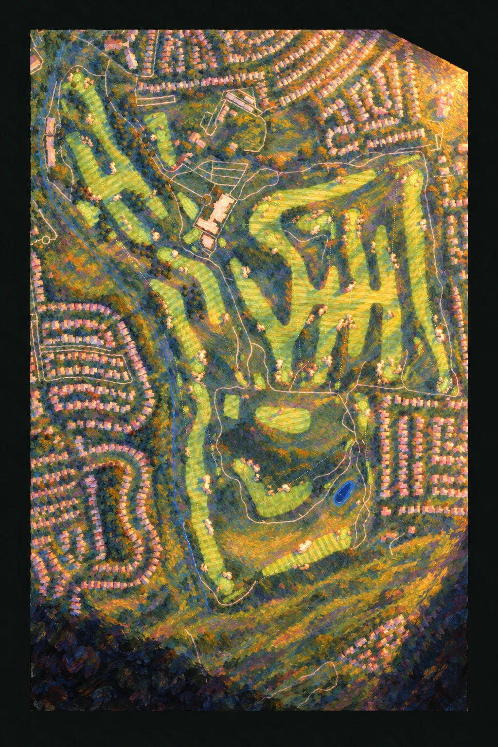 California Golf Club of San Francisco (Cal Club), California, USA, seen from above and painted in the Impressionist manner after Claude Monet: the routing of its 18 holes, its greens and its bunkers, in paint.