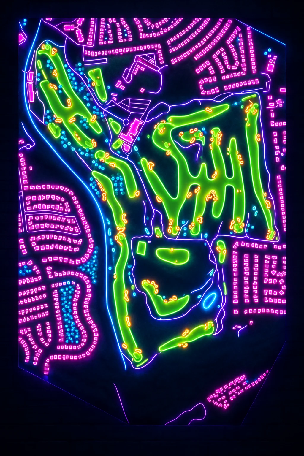California Golf Club of San Francisco (Cal Club), California, USA, seen from above and painted in the Neon manner: the routing of its 18 holes, its greens and its bunkers, in paint.