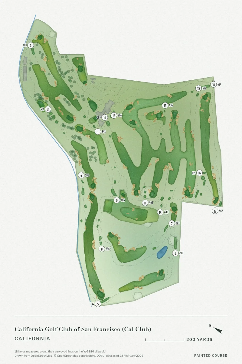 California Golf Club of San Francisco (Cal Club), California, USA, drawn in the Watercolour style from its OpenStreetMap survey: 18 holes, each numbered at its tee with its measured yards beside it.