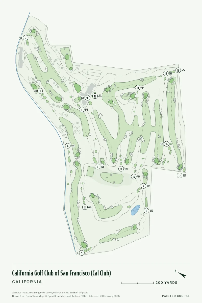 California Golf Club of San Francisco (Cal Club), California, USA, drawn in the Yardage style from its OpenStreetMap survey: 18 holes, each numbered at its tee with its measured yards beside it.