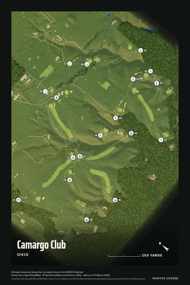 Camargo Club, Ohio, USA, drawn in the Aerial style from its OpenStreetMap survey: 18 holes, each numbered at its tee with its measured yards beside it.