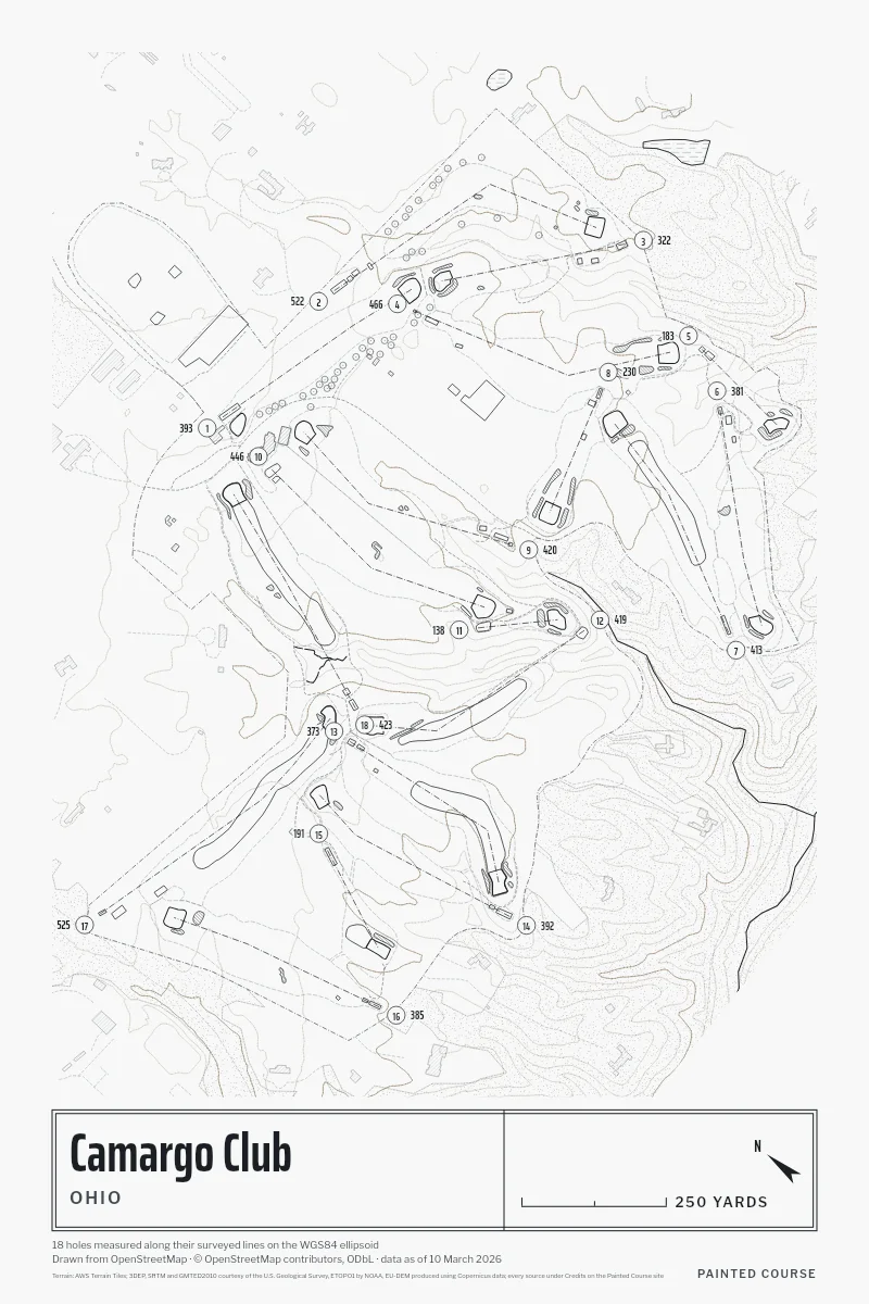 Camargo Club, Ohio, USA, drawn in the Architect style from its OpenStreetMap survey: 18 holes, each numbered at its tee with its measured yards beside it.